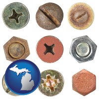 michigan map icon and screws heads and bolt heads