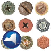 new-york map icon and screws heads and bolt heads
