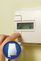 alabama map icon and a heating system thermostat