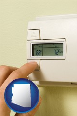 arizona map icon and a heating system thermostat