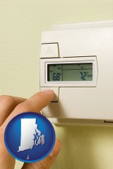 rhode-island map icon and a heating system thermostat