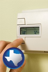 texas map icon and a heating system thermostat