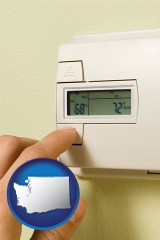 washington map icon and a heating system thermostat