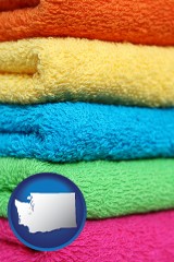 washington map icon and colorful bath towels