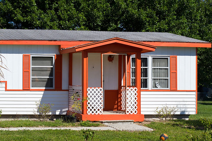 a mobile home with orange trim (large image)