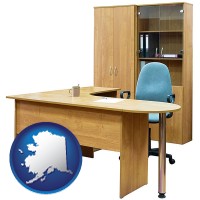 alaska map icon and office furniture (a desk, chair, bookcase, and cabinet)