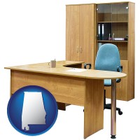 alabama map icon and office furniture (a desk, chair, bookcase, and cabinet)