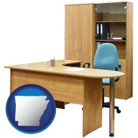 arkansas map icon and office furniture (a desk, chair, bookcase, and cabinet)