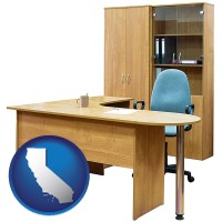 california map icon and office furniture (a desk, chair, bookcase, and cabinet)
