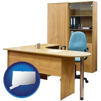 connecticut map icon and office furniture (a desk, chair, bookcase, and cabinet)