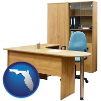 florida map icon and office furniture (a desk, chair, bookcase, and cabinet)