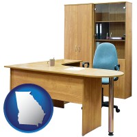 georgia map icon and office furniture (a desk, chair, bookcase, and cabinet)
