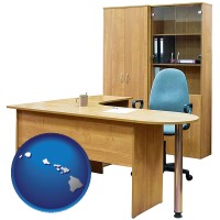 hawaii map icon and office furniture (a desk, chair, bookcase, and cabinet)