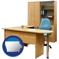 iowa map icon and office furniture (a desk, chair, bookcase, and cabinet)