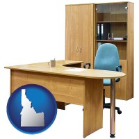 idaho map icon and office furniture (a desk, chair, bookcase, and cabinet)