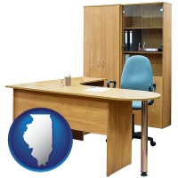 illinois map icon and office furniture (a desk, chair, bookcase, and cabinet)