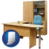 indiana map icon and office furniture (a desk, chair, bookcase, and cabinet)