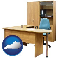 kentucky map icon and office furniture (a desk, chair, bookcase, and cabinet)