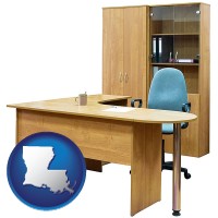 louisiana map icon and office furniture (a desk, chair, bookcase, and cabinet)