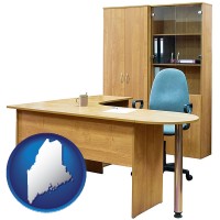 maine map icon and office furniture (a desk, chair, bookcase, and cabinet)