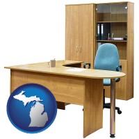 michigan map icon and office furniture (a desk, chair, bookcase, and cabinet)