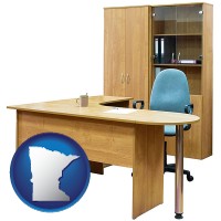 minnesota map icon and office furniture (a desk, chair, bookcase, and cabinet)