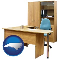 north-carolina map icon and office furniture (a desk, chair, bookcase, and cabinet)