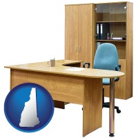new-hampshire map icon and office furniture (a desk, chair, bookcase, and cabinet)