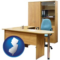 new-jersey map icon and office furniture (a desk, chair, bookcase, and cabinet)