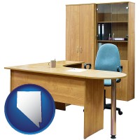 nevada map icon and office furniture (a desk, chair, bookcase, and cabinet)