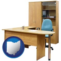 ohio map icon and office furniture (a desk, chair, bookcase, and cabinet)