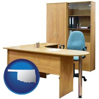 oklahoma map icon and office furniture (a desk, chair, bookcase, and cabinet)
