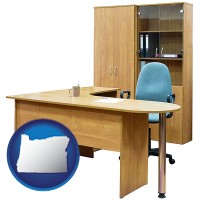 oregon office furniture (a desk, chair, bookcase, and cabinet)