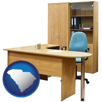 south-carolina office furniture (a desk, chair, bookcase, and cabinet)
