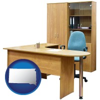 south-dakota map icon and office furniture (a desk, chair, bookcase, and cabinet)