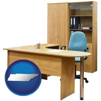 tennessee map icon and office furniture (a desk, chair, bookcase, and cabinet)