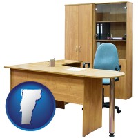 vermont map icon and office furniture (a desk, chair, bookcase, and cabinet)