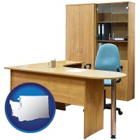 washington map icon and office furniture (a desk, chair, bookcase, and cabinet)