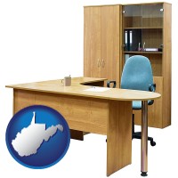 west-virginia map icon and office furniture (a desk, chair, bookcase, and cabinet)
