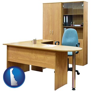 office furniture (a desk, chair, bookcase, and cabinet) - with Delaware icon