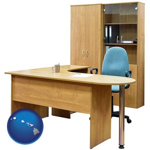 office furniture (a desk, chair, bookcase, and cabinet) - with Hawaii icon