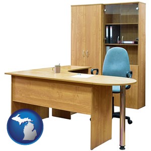 office furniture (a desk, chair, bookcase, and cabinet) - with Michigan icon