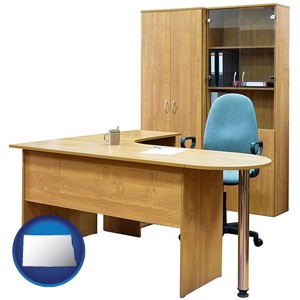 office furniture (a desk, chair, bookcase, and cabinet) - with North Dakota icon