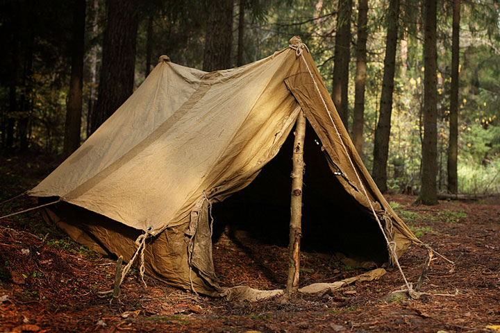 an old canvas tent in a forest (large image)