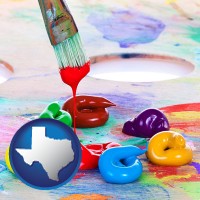 texas map icon and colorful oil paints and paintbrush