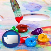 washington map icon and colorful oil paints and paintbrush
