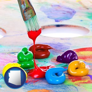 colorful oil paints and paintbrush - with Arizona icon