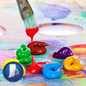 colorful oil paints and paintbrush - with Rhode Island icon
