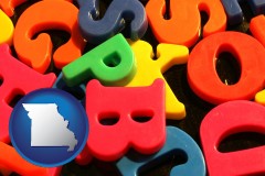 missouri map icon and colorful plastic letters