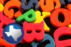 texas map icon and colorful plastic letters